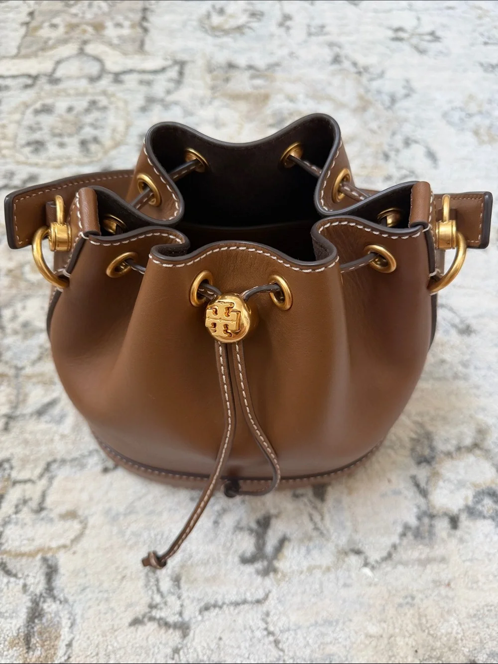 Tory Burch Classic Brown Leather Bucket Bag with Gold Hardware